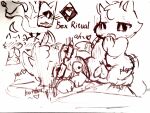  anthro arisel_uwu bell blush blush_lines bulge clothing cult_of_the_lamb domestic_cat english_text eyewear felid feline felis glasses group hat headgear headwear hi_res male male/male mammal red_crown_(cult_of_the_lamb) simple_background text tinky_(character) white_background 
