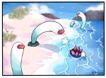  beach big_nose bird blue_sky commentary grass highres looking_at_another multiple_others partially_submerged pokemon pokemon_(creature) pyukumuku rock sand sky symbol-only_commentary taplaos water wiglett 