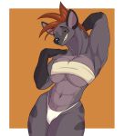  2022 anthro big_breasts biped border breasts clothing digital_media_(artwork) f_draws facial_piercing facial_scar female fur green_eyes grey_body grey_fur grin hair hi_res hyaenid looking_at_viewer mammal muscular muscular_anthro muscular_female nose_piercing orange_background piercing red_hair scar simple_background smile solo spots spotted_body spotted_fur underwear white_border yellow_sclera 