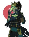  1girl absurdres apex_legends bell black_gloves black_jumpsuit brown_hair flagship_giham fox_mask fox_shadow_puppet gloves hair_behind_ear heart highres jumpsuit korean_commentary mask official_alternate_costume partially_fingerless_gloves rampart_(apex_legends) sheila_(minigun) side_ponytail sly_fox_rampart smile solo weapon weapon_on_back white_background 