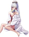  1girl bangs bare_shoulders between_legs blue_eyes breasts clothes_removed clothing_request feet feet_out_of_frame hand_between_legs hand_fan high_ponytail highres legs no_bra ponytail redapple999 shy simple_background small_breasts white_background white_hair 