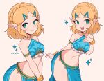  1girl :d armlet bare_shoulders blonde_hair bracelet braid breasts closed_mouth cremanata french_braid gerudo_set_(zelda) green_eyes highres jewelry multiple_views navel open_mouth pointy_ears princess_zelda sideboob smile the_legend_of_zelda 