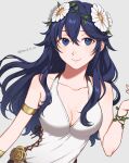  1girl armlet bangs bare_shoulders blue_eyes blue_hair breasts cleavage closed_mouth collarbone commentary dress english_commentary fire_emblem fire_emblem_awakening fire_emblem_heroes floating_hair flower grey_background hair_between_eyes hair_flower hair_ornament highres jewelry long_hair looking_at_viewer lucina_(fire_emblem) medium_breasts official_alternate_costume peach11_01 simple_background sleeveless sleeveless_dress smile solo symbol-shaped_pupils twitter_username white_dress white_flower 