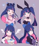  1girl :o ;d absurdres animal_ears artist_name bangs bare_shoulders blue_eyes blue_hair blunt_bangs bow breasts cleavage closed_mouth colored_inner_hair cremanata dark_blue_hair detached_collar elbow_gloves fake_animal_ears gloves hair_bow heart highres juliet_sleeves long_hair long_sleeves multicolored_hair multiple_views one_eye_closed open_mouth panty_&amp;_stocking_with_garterbelt pink_hair puffy_sleeves rabbit_ears shirt smile stocking_(psg) twintails upper_body 