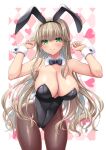  1girl animal_ears ass_visible_through_thighs black_bow black_bowtie black_leotard black_pantyhose blonde_hair bow bowtie breasts cleavage commentary_request cowboy_shot detached_collar green_eyes large_breasts leaning_forward leotard looking_at_viewer minase_(dragon_panda) original pantyhose playboy_bunny rabbit_ears rabbit_tail solo standing strapless strapless_leotard tail wrist_cuffs 