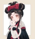  black_hair blush bow brown_eyes cat dddxg double_bun facial_mark forehead_mark hair_bun red_bow ren_zhafan_paijizu_xitong simple_background two-tone_background updo upper_body white_background white_cat 