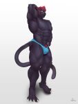  absurd_res anthro black_body black_fur blue_clothing blue_underwear bulge claws clothed clothing felid feline fur hair hi_res io_ths kakula kemo_coliseum male mammal muscular muscular_anthro muscular_male nipples pantherine presenting red_hair solo underwear underwear_only 