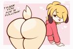  2022 animated anthro big_butt blep blonde_hair bottomless bouncing_butt butt canid canine canis clothed clothing domestic_dog english_text girly hair huge_butt male mammal niko_(pkfirefawx) pkfirefawx solo text tongue tongue_out topwear 