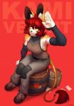  2019 5_fingers anthro barrel black_nose bottomwear breasts clothing digital_media_(artwork) felid female fingers footwear j_axer kami_cheetah_(aja_williams) mammal pants red_background red_eyes shoes simple_background sitting_on_barrel smile solo spots spotted_body 