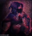  1girl absurdres breasts clothing_cutout collaboration dark_background deivax_draws diamond_cutout finger_to_mouth glowing glowing_eyes highres large_breasts long_hair looking_at_viewer mask mouth_mask original prosthesis purple_eyes purple_hair red_background red_eyes smile solo 