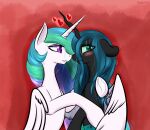  &lt;3 2022 arm_around_neck arthropod black_body blush changeling duo embrace equid equine feathered_wings feathers female female/female feral friendship_is_magic frown fur green_eyes hasbro hi_res hooves horn hug looking_at_another looking_away mammal mane multicolored_mane my_little_pony princess_celestia_(mlp) queen_chrysalis_(mlp) red_background renarde-louvre simple_background teal_mane using_wings white_body white_feathers white_fur white_wings wing_hug winged_unicorn wings 
