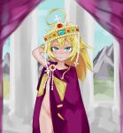  1girl blonde_hair blue_eyes blush byzantine_empire cape crown dress highres kurokimoko medieval princess self_upload solo sweat tanya_degurechaff thighs youjo_senki 