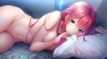  1girl ainokura_kazuha amanatsu bangs blue_eyes blurry bokeh breasts completely_nude depth_of_field feet_out_of_frame game_cg gintarou_(kurousagi108) highres indoors large_breasts long_hair looking_at_viewer lying mole navel nipples nude official_art on_bed on_side photoshop_(medium) pillow red_hair smile solo 