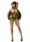 1girl absurdres arm_behind_back arm_behind_head bangs bare_shoulders breasts brown_hair chest_tattoo closed_mouth collarbone commentary commission covered_nipples dark-skinned_female dark_skin felicia_castro full_body green_eyes green_one-piece_swimsuit highres large_breasts legs lips long_hair looking_at_viewer navel original pixiv_request sandals sankyo_(821-scoville) smile solo standing stomach swimsuit tattoo thighs transparent_background 