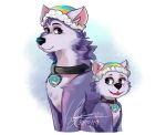  canid canine canis clothing collar domestic_dog everest_(paw_patrol) female feral hat headgear headwear husky looking_aside looking_at_viewer mammal milkymatsu80s nickelodeon nordic_sled_dog open_mouth open_smile paw_patrol simple_background sitting smile solo spitz tongue 