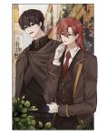 2boys 99ghxst black_eyes black_hair blurry blurry_background border cale_henituse choi_han gloves hand_on_own_chin highres korean_commentary leaf long_hair long_sleeves looking_at_another lout_of_count&#039;s_family male_focus multiple_boys necktie plant red_hair red_necktie short_hair talking thinking white_border white_gloves 