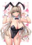  1girl animal_ears ass_visible_through_thighs black_bow black_bowtie black_leotard blonde_hair bow bowtie breasts cleavage commentary_request cowboy_shot detached_collar green_eyes large_breasts leaning_forward leotard looking_at_viewer minase_(dragon_panda) original playboy_bunny rabbit_ears rabbit_tail solo standing strapless strapless_leotard tail wrist_cuffs 