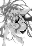  1girl bangs boots breasts cape commentary_request finger_to_mouth floating floating_hair gloves large_breasts long_hair looking_at_viewer monochrome mori_kotarou open_mouth solo star_(symbol) stomach strapless tengen_toppa_gurren_lagann thighhighs tube_top yoko_littner 