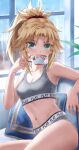  1girl armpits bangs bare_shoulders blonde_hair blush braid breasts cup fate/apocrypha fate_(series) french_braid green_eyes hair_ornament hair_scrunchie highres holding holding_cup leaf long_hair looking_at_viewer mordred_(fate) mordred_(fate/apocrypha) navel pillow ponytail red_scrunchie scrunchie sidelocks small_breasts solo sports_bra thighs tonee underwear 