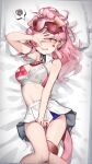 1girl alternate_costume animal_ears arknights bare_shoulders breasts cat_ears cat_girl cat_tail cleavage collar covering_face dakimakura_(medium) extra_ears eyewear_on_head facial_tattoo feet_up floppy_ears goldenglow_(arknights) heart heart-shaped_pupils highres knees_together_feet_apart libiadan long_hair looking_at_viewer lying medium_breasts midriff navel on_back on_bed one_eye_covered pink-tinted_eyewear pink_hair pleated_skirt ponytail skirt solo spoken_squiggle sports_bra squiggle star_tattoo sunglasses sweat symbol-shaped_pupils tail tattoo tearing_up thigh_gap tinted_eyewear white_collar white_skirt white_sports_bra yellow_eyes 