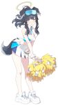 1girl animal_ears bangs black_hair blue_archive blunt_bangs blush breasts cheerleader dog_ears dog_girl dog_tail expressions eyewear_on_head goggles goggles_on_head halo hibiki_(blue_archive) hibiki_(cheerleader)_(blue_archive) holding holding_pom_poms jewelry long_hair looking_at_viewer mimitoke official_art pom_pom_(cheerleading) shoes skirt sneakers sticker_on_face sunglasses tail tinted_eyewear transparent_background 