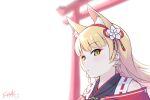  1girl animal_ear_fluff animal_ears bangs black_kimono blonde_hair blurry blurry_background commentary_request depth_of_field fox_ears green_eyes heanna_sumire highres japanese_clothes kemonomimi_mode kimono langbazi long_hair love_live! love_live!_superstar!! miko original signature simple_background solo torii white_background 