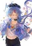  1boy arknights bishounen blue_hair character_name closed_eyes cowboy_shot earrings flower flower_wreath hair_ornament hairpin hat highres infection_monitor_(arknights) jewelry long_hair male_focus midriff mizuki_(arknights) purple_eyes shirt simple_background solo white_background yipingtaopuzi 