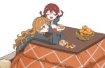  2girls braid brown_hair cardigan closed_eyes eating emma_verde food fruit konoe_kanata kotatsu love_live! love_live!_nijigasaki_high_school_idol_club mandarin_orange monowe multiple_girls purple_eyes red_cardigan school_uniform smug table twin_braids white_background yuri 