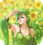  1girl aged_up artist_request breasts cape closed_mouth detached_sleeves earrings final_fantasy final_fantasy_iv flower green_eyes green_hair hair_ornament highres jewelry long_hair long_sleeves rydia_(ff4) solo 