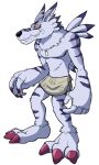  anthro bandai_namco blue_body blue_fur canid canine claws digimon digimon_(species) ear_piercing fur male mammal markings muscular piercing solo thegreatmatsutzu towel towel_around_waist towel_only weregarurumon yellow_eyes 