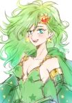  1girl aged_up breasts detached_sleeves dress earrings final_fantasy final_fantasy_iv green_eyes green_hair hair_ornament jewelry long_hair looking_at_viewer open_mouth rydia_(ff4) sa_kichi simple_background smile solo white_background 