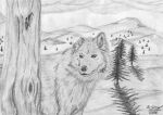  ambiguous_gender black_and_white canid canine canis feral fur graphite_(artwork) greyscale lied_etal mammal monochrome outside pencil_(artwork) plant signature sketch solo traditional_media_(artwork) tree wolf 