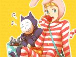  2boys animal_ears animal_hat apple blonde_hair bunny_hat eating fake_animal_ears food fried_chicken fruit hat kedamono_(popee_the_performer) mask multiple_boys musical_note popcublove popee_(popee_the_performer) popee_the_performer rabbit_ears striped_bodysuit yellow_background 