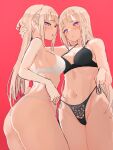  2girls absurdres ass bangs black_bra black_panties blush bra breasts chestnut_mouth cleavage emilia_(re:zero) grey_hair hair_behind_ear hand_on_another&#039;s_head highres long_hair looking_at_viewer medium_breasts multiple_girls navel panties pink_background pointy_ears purple_eyes re:zero_kara_hajimeru_isekai_seikatsu satella_(re:zero) side-tie_panties sidelocks simple_background stomach strap_pull thighs underwear white_bra white_panties zerobarto 