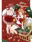  2girls bag brown_hair christmas christmas_dress emma_verde freckles green_eyes hair_ornament hat highres konoe_kanata long_hair love_live! love_live!_nijigasaki_high_school_idol_club merry_christmas monowe multiple_girls purple_eyes santa_hat 