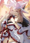  1girl absurdres animal_ear_fluff animal_ears blonde_hair blood blood_on_hands breasts cleavage crown extra_ears fate/grand_order fate_(series) fox_ears fox_girl fox_tail fur-trimmed_kimono fur_trim hair_over_face hair_ribbon highres japanese_clothes kimono kitsune koyanskaya_(fate) koyanskaya_(lostbelt_beast:iv)_(fate) large_breasts long_hair looking_at_viewer multiple_tails one_heart1201 ribbon rope shimenawa solo tail talisman tamamo_(fate) very_long_hair white_kimono 