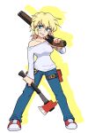  1girl axe bangs blonde_hair blue_eyes blue_pants borrowed_character breasts chain collarbone colored_shadow commentary_request drop_shadow earrings fire_axe grin gun hair_between_eyes highres holding holding_axe holding_gun holding_weapon jewelry looking_at_viewer medium_breasts muu_(mumumer) off_shoulder original pants red_footwear shadow shirt shoes shotgun smile solo v-shaped_eyebrows weapon weapon_request white_background white_shirt 