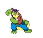  alligator alligatorid animated anthro biped bottomwear brok_(character) brok_the_investigator clothing cowcatgames crocodilian glassesgator green_body hat headgear headwear male official_art pants reptile scalie shirt simple_background solo topwear video_games 