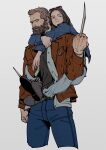  1boy 1girl beard black_footwear black_shirt brown_hair carrying child claw_(weapon) claws clenched_hand coat commentary_request denim facial_hair father_and_daughter female_child highres jeans logan_(movie) long_sleeves looking_at_viewer marvel oimo_(oimkimn) pants piggyback shirt simple_background standing sunglasses toned toned_male weapon white_background wolverine x-23 x-men 