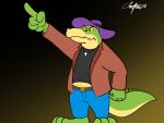  2021 alligator alligatorid anthro bottomwear brok_(character) brok_the_investigator clothing crocodilian green_body hat headgear headwear hi_res humanoid_hands male pants reptile scalie shirt sobieniak solo topwear video_games 