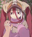  1boy 1girl absurdres bags_under_eyes bitseon closed_mouth embarrassed hands_up hat head_scarf hetero highres holding_hands holding_hands_is_lewd long_hair made_in_abyss purple_robe red_eyes red_hair robe smile sweat twintails veko 