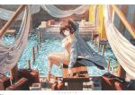  1girl absurdres animal_ears arknights arm_up barefoot bikini bikini_under_clothes braid breasts brown_eyes brown_hair cairaovo cleavage commentary from_side highres jacket long_sleeves medium_breasts on_table open_clothes open_jacket roberta_(arknights) roberta_(summer_flowers)_(arknights) sitting solo suitcase swimsuit table tail water white_bikini white_jacket 
