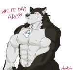  &lt;3 abs anthro aro_rouon between_breasts between_pecs big_muscles blush breasts brown_body brown_fur canid canine canis cheotdo english_text fur green_eyes letter male mammal muscular muscular_anthro muscular_male navel nipples nude pecs simple_background smile solo text utau white_background white_day wolf 