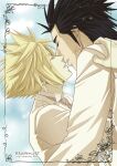  2boys black_hair blonde_hair border brown_necktie closed_eyes cloud_strife colored_eyelashes dated earrings final_fantasy final_fantasy_vii groom hair_slicked_back hand_on_another&#039;s_shoulder highres imminent_kiss jacket jewelry kaden_ff7 male_focus medium_hair multiple_boys necktie scar scar_on_cheek scar_on_face short_hair sideburns single_earring sparkle spiked_hair suit_jacket twitter_username upper_body wedding yaoi yellow_jacket zack_fair 