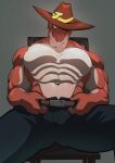  2022 abs absurd_res anthro belt biceps big_bulge big_muscles bottomwear bulge chair clothed clothing cowboy cowboy_hat denim denim_clothing dragon furniture grey_background hat headgear headwear hi_res jeans licking licking_lips licking_own_lips looking_at_viewer male muscular muscular_anthro muscular_male navel obliques pants pecs rabbitdx26 scalie seductive self_lick simple_background sitting smile solo tongue tongue_out topless topless_anthro topless_male wingless_dragon 