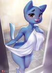  anthro blue_body blue_fur blush breasts cartoon_network domestic_cat felid feline felis female fur hi_res looking_at_viewer mammal mature_anthro mature_female nicole_watterson nipple_outline pakwan008 shower solo the_amazing_world_of_gumball towel towel_only 