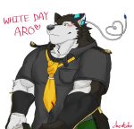  &lt;3 anthro aro_rouon black_nose blush brown_body brown_fur canid canine canis cheotdo clothed clothing english_text fur green_eyes grey_clothing grey_shirt grey_topwear male mammal muscular muscular_anthro muscular_male necktie shirt smile solo text topwear utau white_day wolf yellow_necktie 