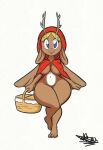  2022 anthro antlers basket big_breasts blonde_hair blue_eyes breasts container curvaceous curvy_figure digital_media_(artwork) eyelashes fairy_tales fangs female genitals hair hi_res horn huge_hips huge_thighs lagomorph little_red_riding_hood little_red_riding_hood_(copyright) mammal nipple_outline nude pussy solo tansau thick_thighs voluptuous wide_hips wings wolpertinger 