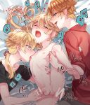  3boys aether_(genshin_impact) ahoge anal bangs black_shirt blonde_hair blue_eyes brown_pants closed_eyes earrings genshin_impact green_eyes hair_between_eyes hair_ornament highres jewelry kokuchuutei licking licking_nipple long_hair male_focus multiple_boys navel nipples nude open_mouth orange_hair pants penis ponytail red_shirt saliva sex shirt short_hair spread_legs tartaglia_(genshin_impact) tears testicles thoma_(genshin_impact) tongue tongue_out yaoi 