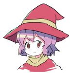  1girl blush brown_eyes closed_mouth commentary cropped_shoulders hat looking_at_viewer original portrait purple_hair red_headwear red_robe robe roku_no_hito short_hair simple_background smile solo white_background witch_hat 